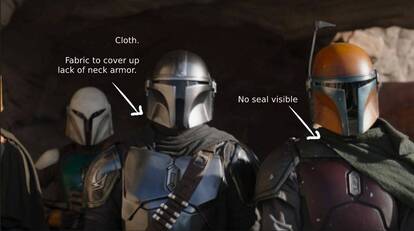 a screenshot from the Mandalorian season 3 of 3 people in full mandalorian armor