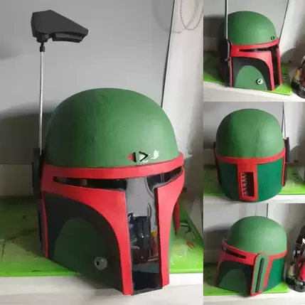 A red and green Boba Fett helmet from four different angles